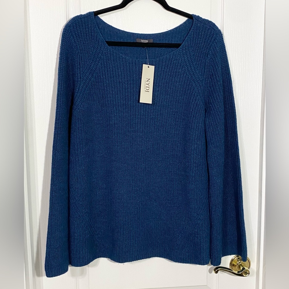 NYDJ Bell Sleeve Boatneck Ribbed Knit Sweater Blue Jade Large